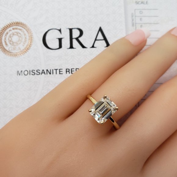 14K Yellow Gold 3 Carats Emerald Cut Moissanite Engagement Ring - Picture 3 of 14